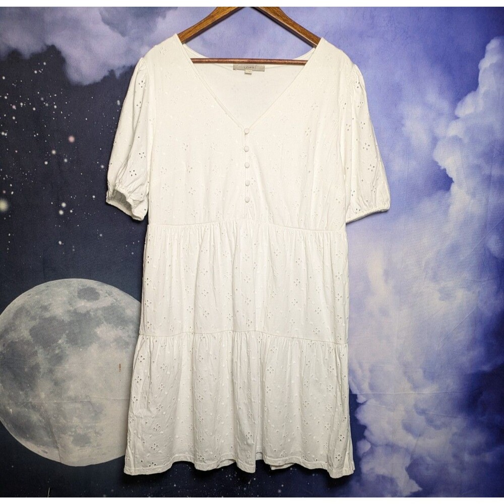 LOFT White Eyelet Puff Sleeve Button Front Dress Size Large Cottagecore